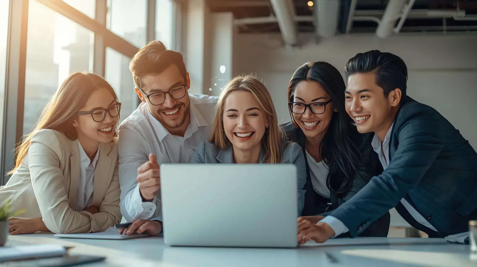 Team gathered in a bright office meeting